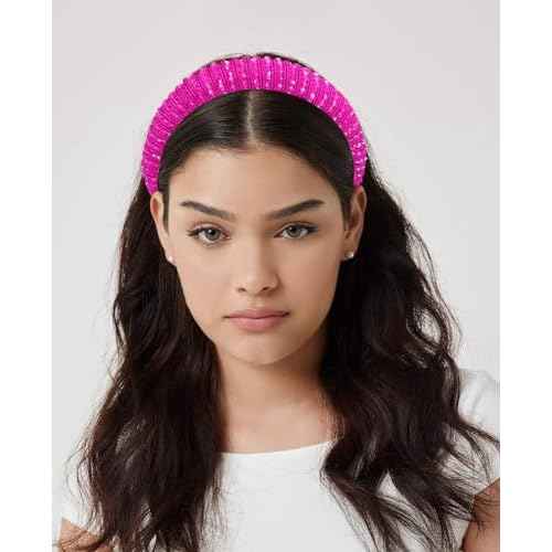 Wecoe 2pcs Pink Rose Red Rhinestone Headbands Women Girls Crystal Beaded Headband Fashion Cute Bling Sparkly Diamond Padded Thick Puffy Headbands Holiday Hair Accessories For Women Girls Gifts