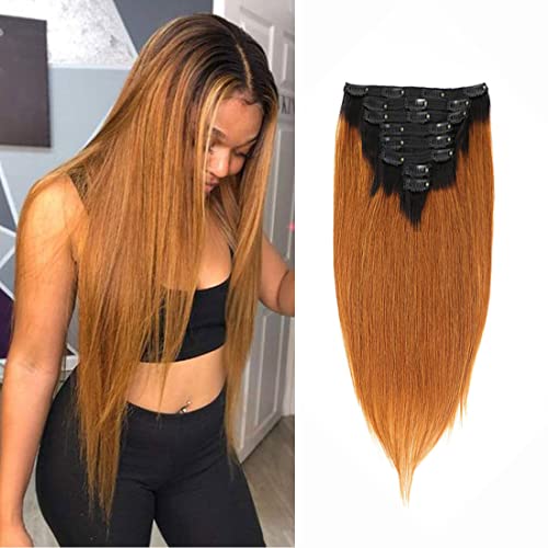 Ombre Clip in Hair Extensions Straight Human Hair 140g 100% Human Hair 8Pcs Total of 18 Clips #1B/30 Brown Hair Extensions for Black Women Hair (22 Inch, 1B/30 Brown£©