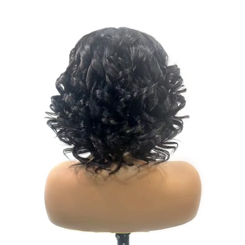 Natural Wavy Human Hair Wigs with Bangs Black Loose Wave Wigs for Women None Lace Front Wigs Loose Body Bob Wig Brazilian Virgin Human Hair Glueless Loose Curly Wig for Daily (14 Inch)