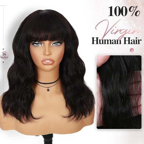 Fancy Hair Natural Wavy Human Hair Wig with Bangs NO Lace Glueless Body Wave Brazilian Virgin Hair Wigs with Bangs for Black Women Natural Black 16 Inch
