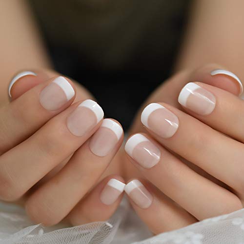 Natural French Tips, Glossy Nude White Press on Nails False Nails, Beauty Manicure Reusable UV Gel Fake Finger Nail Art for Daily Office Party