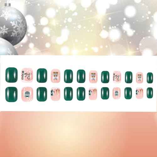 Christmas Green Press on Nails Short Square False Nails Christmas Tree Artificial Nails with Letter Design Winter Xmas Acrylic Nails Full Cover Glossy Coffin Nails Glue on Nails for Women
