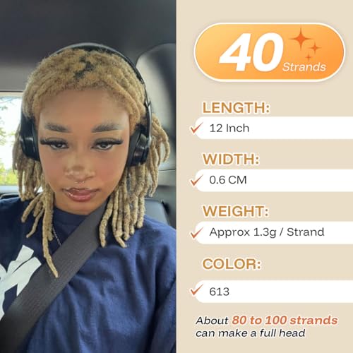 12 inch 40 Strands Loc Extensions Human Hair, Real 0.6cm Width Human Hair Dreads Extensions for Man/Women Full Handmade Dreadlocks Can be Dyed(613)