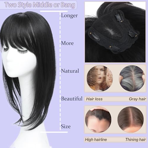 Hair Toppers for Women Real Human Hair, 360¡Æ3D Topper for Women with Thinning Crown Wispy Clip in Bangs Breathable Hand Tied Craft Big Coverage Hairpieces(Black£¨Big Coverage£©, 16 Inch-3D-Wispy)