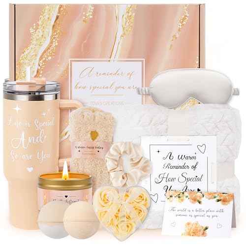 Birthday Gifts for Women Self Care Get Well Soon Gifts, Vanilla Coconut Relaxing Spa Gifts Box Care Package Basket w/ Luxury Blanket 40 oz Tumbler, Christmas Gifts Set for Mom Wife Girlfriend Sister