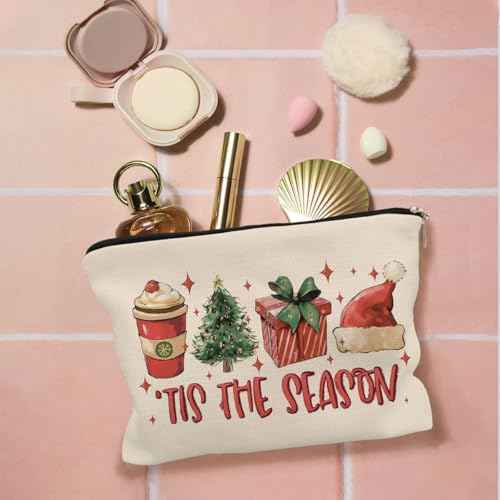 Tis the Season Christmas Makeup Bag, Red Santa Hat Gift Box Cocoa Christmas Tree Cosmetic Bags with Zipper for Women's Gifts