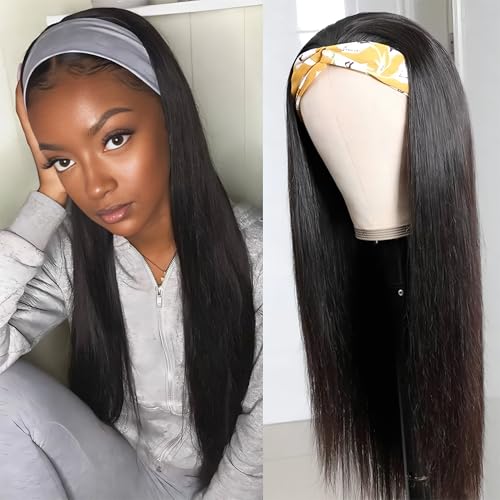 ISEE 10A Headband Wig Straight Human Hair Wigs for Black Women 180% Density Brazilian Virgin Hair Machine Made Headband Wig Non Lace Front Human Hair Wigs 16 inch