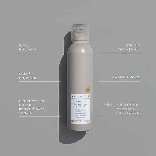 Kristin Ess Hair Instant Lift Volumizing Mousse with Castor Oil - Boosts Volume + Thickens, Body Building, Lasting Hold, Non Sticky, For Curly, Wavy + Straight Hair, 8.1 Oz