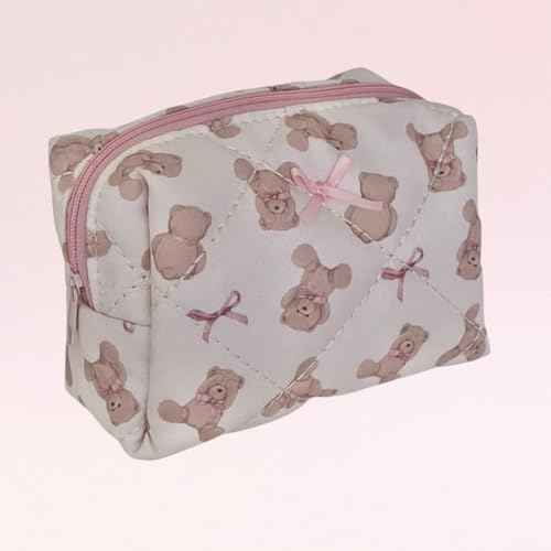 Teddy Bow Makeup Bag Set of 2, Cotton Quilted Bear Makeup Bags with Satin Pink Bows, Cute Girly Toiletry Pouch Set, Small Bag for Purse, Coquette Accessories, Aesthetic Gift Set for Women Teen Girls