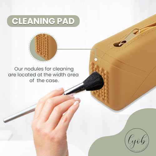 Silicone Makeup Organizer with Zipper Closure - Makeup Brush Cleaner & Holder, Small Makeup Bag for Travel Essentials, Cosmetic Bags for Women, Makeup Case & Brush Travel Pouch (Khaki)