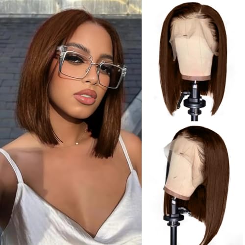 Chocolate Brown Short Bob Wig Human Hai 200 Density 13x4 HD Transparent Straight Lace Front Wigs Human Hair Colored Lace Frontal Wigs Glueless Wig for Woman Pre Plucked with Natural Hairline 12 Inch