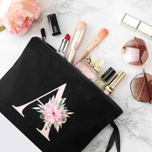 Vavabox A-Z Personalized Makeup Bag, Birthday Gifts for Women Mom, Gifts for Best Friend, Bride Bridesmaid Cosmetic bag (S, 04-Black Set)