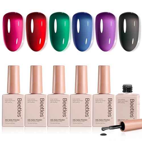 Beetles Jelly Gel Nail Polish Set - Jelly Magic Gel Polish, 6 Colors Pink Red Black Blue Green Purple Halloween Fall Gel Polish Kit Sheer Translucent Effect Soak Off UV Manicure DIY Gift for Women