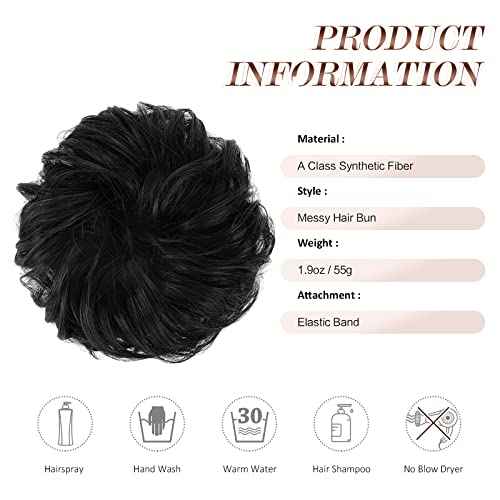 FESHFEN Messy Bun Hair Pieces - Large Wavy Curly Elastic Hair Bun Scrunchies Ponytail Extensions Synthetic Chignon Hairpieces for Women, Natural Black 1.94oz