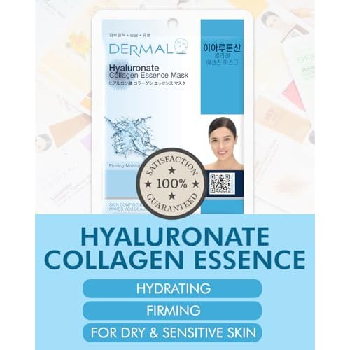 DERMAL Hyaluronate Collagen Essence Facial Mask Sheet 23g Pack of 100 - Hydro Boost Moisturizing for Dry Skin, Smoothing Fine Lines Wrinkles, Daily Skin Treatment Solution Sheet Mask