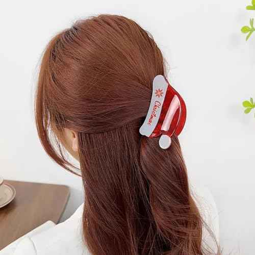 2Pcs Christmas Hair Claw Clips Red Green Santa Hat Hair Clips Medium Size Nonslip Shark Jaw Clips Christmas Acrylic Hair Clip Cute Hair Accessories for Women Xmas Party Hair Supplies