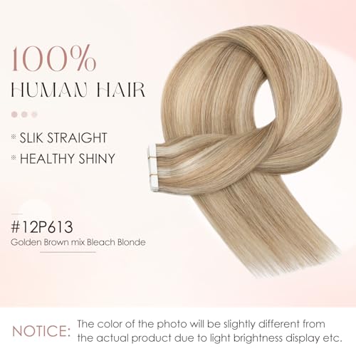 Human Hair Tape in Extensions-Double Stitched,SLEEKALON Free-cut Mini Tape ins Real Hair Extension Highlights Bleach Blonde mix Brown Seamless Straight Double Side Tape Hair-16 Inch,20pcs 50g,#12P613