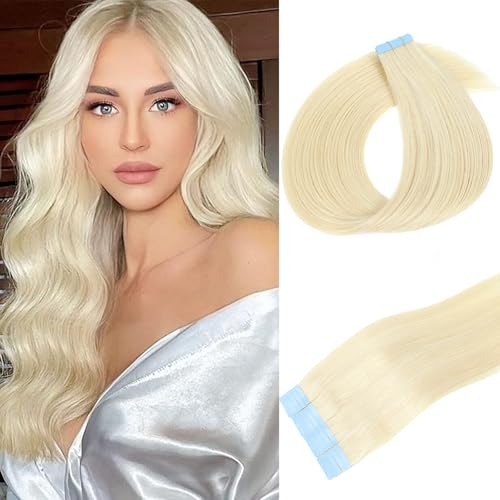 Tape in Hair Extensions Human Hair,20pcs 18 Inch #60 Platinum Blonde Hair Extensions Real Human Hair Invisible Tape in Hair Extensions Straight Remy for Women (60, 18 Inch)