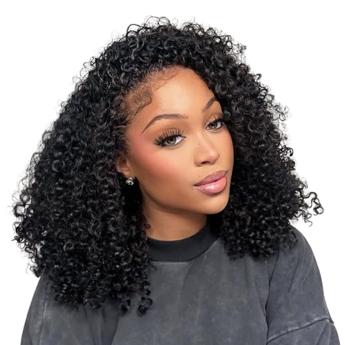Kinky Curly Half Wig Human Hair 180% Density 3 In 1 Seamless Flip Over Half Wigs Human Hair Glueless Wear and Go Beginner Friendly 14 Inch Drawstring Headband Wig Human Hair for Women Natural Black