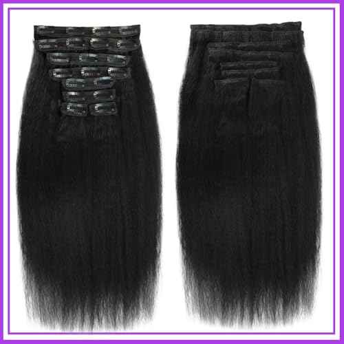 16 Inch Kinky Straight Clip ins 8Pcs 110g Clip in Hair Extensions Real Human Hair Yaki Straight Clipins for Black Women Full Head Brazilian Remy Hair Extensions Double Weft 20 Clips