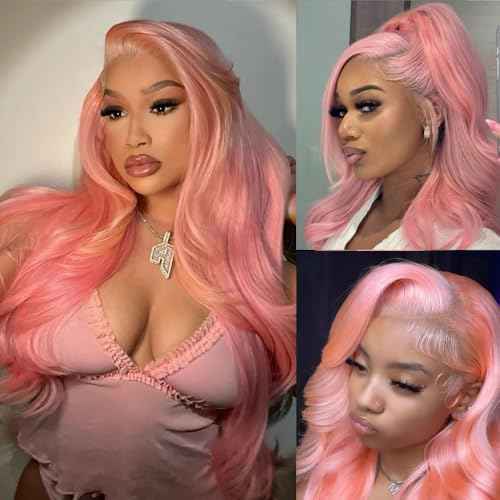 ANDRIA 13x4 HD Lace Front Wigs 28 Inches Pink Body Wave Long Glueless Lace Frontal Wigs Pre-plucked Hairline Synthetic Lace Front Wig With Baby Hair Heat Resistant Fiber Hair Wigs For Women
