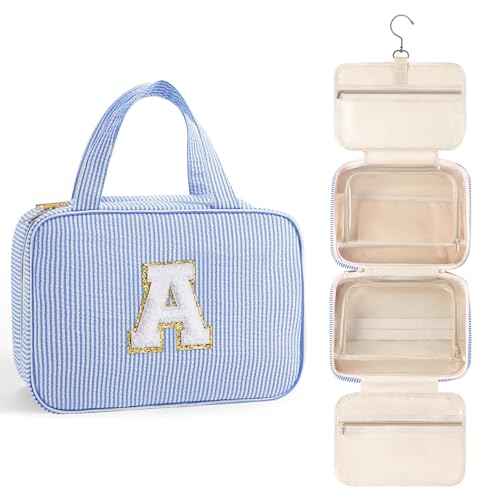 TOPEAST Travel Hanging Toiletry Bag Initial Makeup Bag for Women Teen Girls - Birthday Gifts for Women Teen Girls, Gifts for Daughter Sister Friends Mom Her - Letter A, Blue