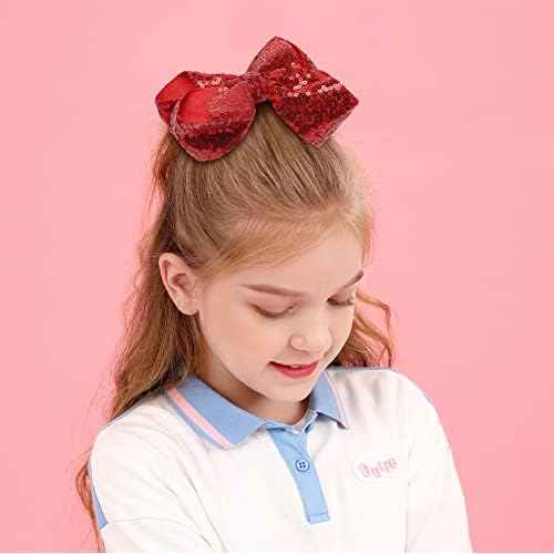 6 Inch Red Sparkly Glitter Sequin Hair Bows for Girls Toddlers Kids Children Teenage (2PCS)