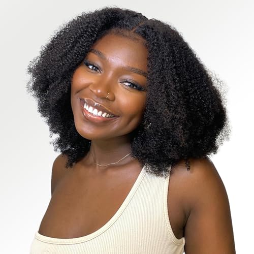 Afro Kinky Curly Lace Closure Wigs Human Hair Wear and Go Glueless Wig 4C Edges Afro Curly 4x4 Lace Pre Cut Pre-Plucked Hairline 210% Density 18 inch human hair wigs for black women