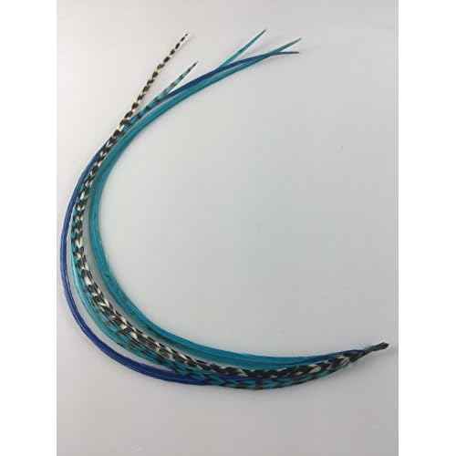 Feather Hair Extension ? Ocean Blue and Aqua Grizzly Feathers, All Bonded Together at the Tip, With a Total of 5 Feathers, Ranging From 7 to 10 Inches in Length