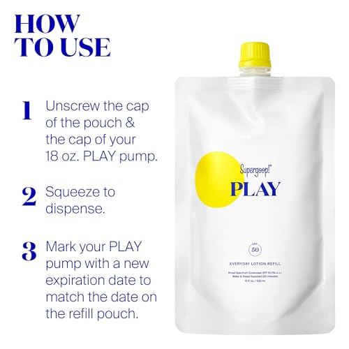 Supergoop! PLAY Everyday Lotion SPF 50 Pump Refill Pouch - Broad Spectrum Body & Face Sunscreen - Great for Active Days - Fast Absorbing, Water & Sweat Resistant - 18 fl oz