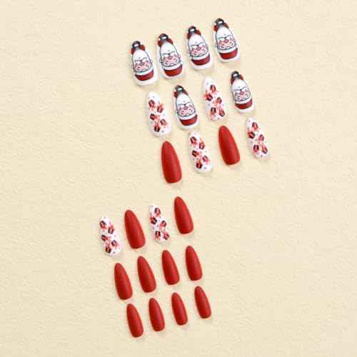 Christmas Press on Nails Medium Almond Red Fake Nails with Santa Claus Glue on Nails Xmas Gift Reusable Artificial Acrylic Full Cover Stick on False Nails for Women Manicure 24pcs