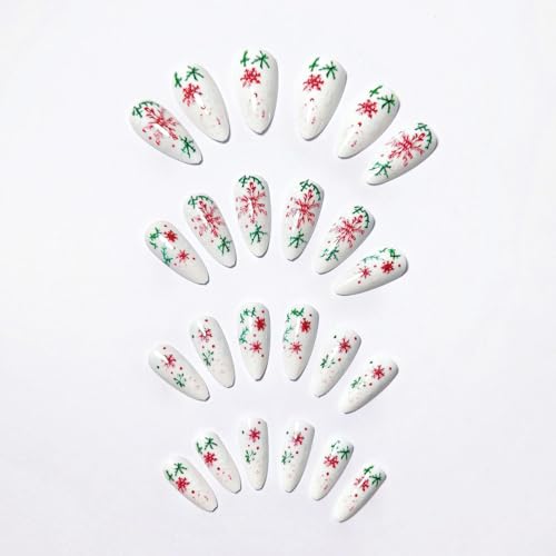 24Pcs Christmas Press on Nails Medium Almond Fake Nails with Christmas Holly Designs Winter Snowflake Acrylic Nails Xmas false nail kits Full Cover Snow Stick on Nails for Women New Year Party Decor