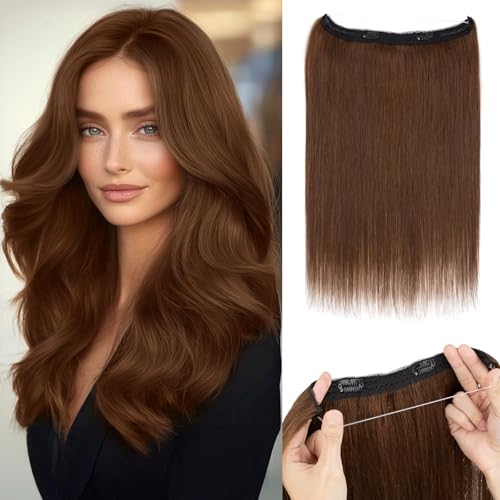 Halo Hair Extensions,Prokyvity Halo Hair Extensions Real Human Hair,Invisible Adjustable Wire Extensions for Seamless Blending 18 inch/65g Mid-Tone Brown