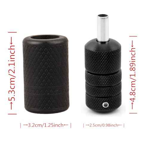 Tattoo Grip 25mm Black Aluminum Alloy Self Lock with Gray Silicone Grip Cover Tattoo Tips 5R 5F for Coil Tattoos Rotary Machine Gun Kit Beauty Body Care