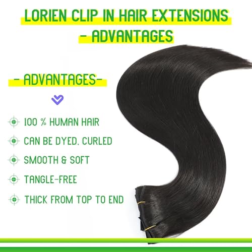 LORIEN Real Human Hair Clip in 100% Human Hair Extensions Brazilian Remy Human Hair Clip on Hair Extensions 8pcs Per Set with 18Clips Double Weft (20 Inch, 1B Natural Black)