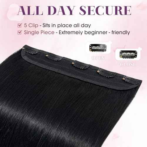 S-noilite One Piece Hair Extensions Clip in Human Hair 5 Clips 3/4 Full Head Clip on Remy Hair Extension for Women,One-Piece Design Adding Hair Volume 20 Inch 50g #Jet Black
