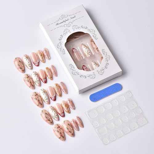 24Pcs Christmas Almond Press on Nails Medium Fake Nails with Gingerbread Doll Snowflake Cane Pearl Design Bow French Tip False Nails Xmas Almond Nails Press ons Artificial Glue on Nail for Women