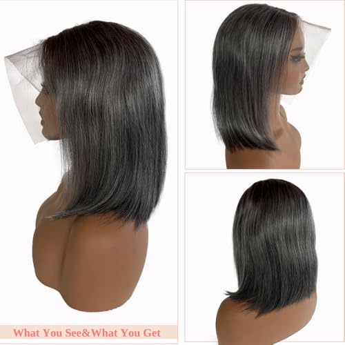 Belaved Bob Lace Front Wigs Human Hair Grey Salt & Pepper 12 Inch Ombre Silky Straight Balck Mix Grey Short Bob 13x4 HD Lace Frontal 180% Density Pre Plucked Bleached Knots Glueless