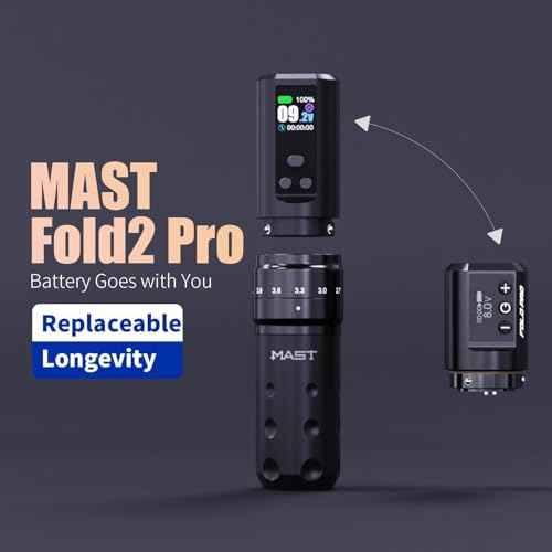 Mast Fold2 Pro Tattoo Kit, Cordless Complete Tattoo Gun Machine Kit, 2 Batteries 2000mAh Power Supply for Long Time, Needles Cartridges Black Tattoo Ink Kit (Black)