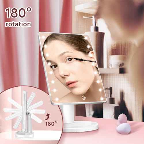 KOOKIN Lighted Vanity Makeup Mirror 16 Led Lights 180 Degree Rotation Lighted Mirror Touch Screen Adjusted Brightness Desk Mirrors USB Dual Supply Bathroom Beauty Cosmetic Mirrors (White)