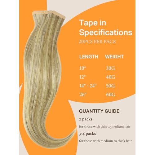 DOORES Human Hair Extensions Tape in Human Hair, Light Blonde Highlighted Golden Blonde 20 Inch 20pcs 50g, Tape in Hair Extensions Reamy Straight Hair