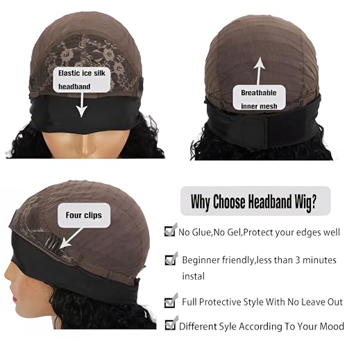 Curly Headband Wig Human Hair 20Inch Human Hair Headband Wig Glueless Wear and Go Human Hair Scarf None Lace Front Wigs 150% Density Natural Color