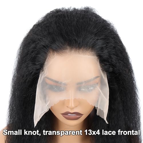 Kerriana 20 Inch Kinky Straight Lace Frontal Human Hair 13x4 Transparent Yaki Straight 13 by 4 Frontal Closure For Women Natural Black Color