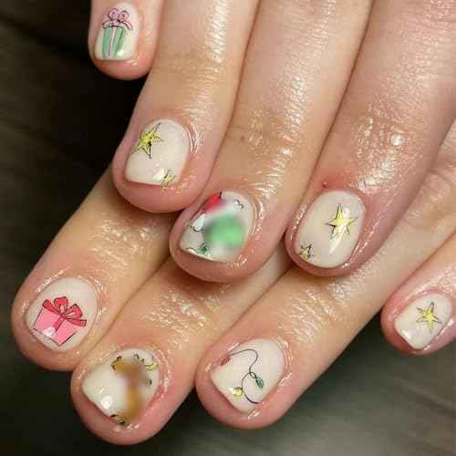 Christmas Press on Nails Square Short Fake Nails Xmas False Nails With Christmas Tree Green Haired Monster Star Gift Designs Full Cover Stick on Nails Acrylic Winter Artificial Nails for Women 24Pcs
