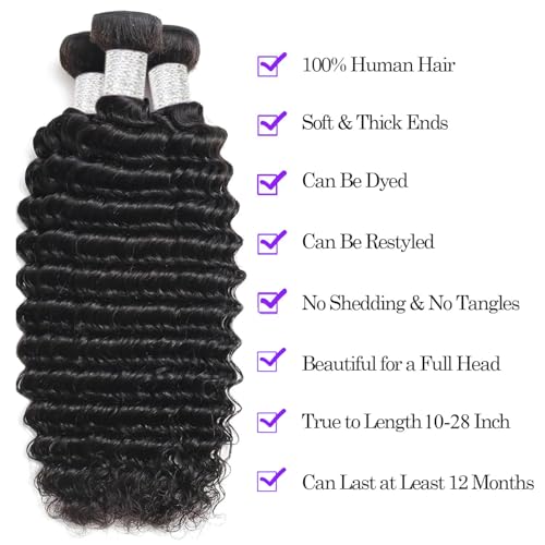 12A Human Hair Bundles 18 20 22 Inch Deep Wave Bundles Human Hair 100% Unprocessed Brazilian Virgin Deep Curly Weave 3 Bundles Hair Extensions for Women Natural Color