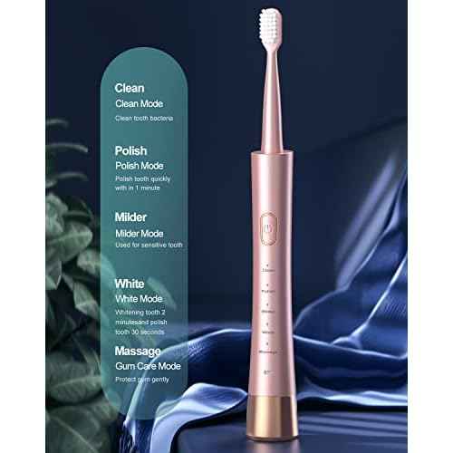 Sonic Electric Toothbrush for Adults, USB Rechargeable Sonic Toothbrush with 8 Brush Heads, Smart Timer, 5 Modes, 2-Hour Fast Charge Last 30 Days, Pink
