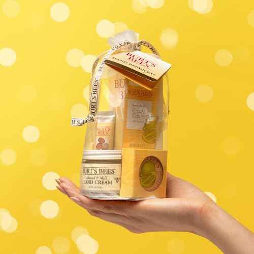 Burt's Bees Christmas Gifts, 3 Body Skincare Stocking Stuffers, Hand Repair Set, 3 Hand Creams plus Gloves - Almond Milk Hand Cream, Lemon Butter Cuticle Cream, Shea Butter Hand Repair Cream