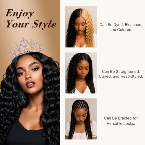 Wequeen 16A Deep Wave Human Hair Bundles 28 Inch 100% Unprocessed Brazilian Virgin Hair Quick Weave Bundles Human Hair Extensions Real Human Hair, Natural Black