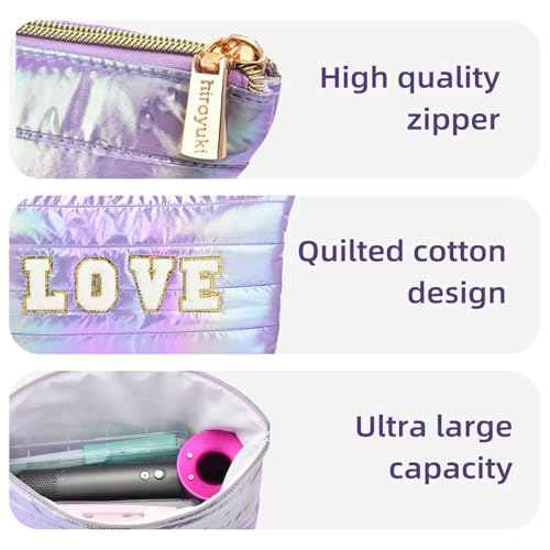 ARISTOTE Personalized Initial Quilted Makeup Bag, Large Cute Cosmetic Bag, Cotton Iridescent Travel Toiletry Organizer Bags, Gifts for Girl Girlfriend Teen Girls Gift Trendy Stuff (LOVE, purple)