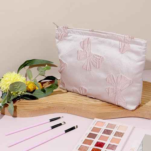 Makeup Bag Large Capacity Elegant Bow Preppy Cosmetic Bag Aesthetic Design Canvas Zipper Organizer Pouch Cute Roomy Pink Portable Toiletry Bag for Women Girls Travel Storage Accessories
